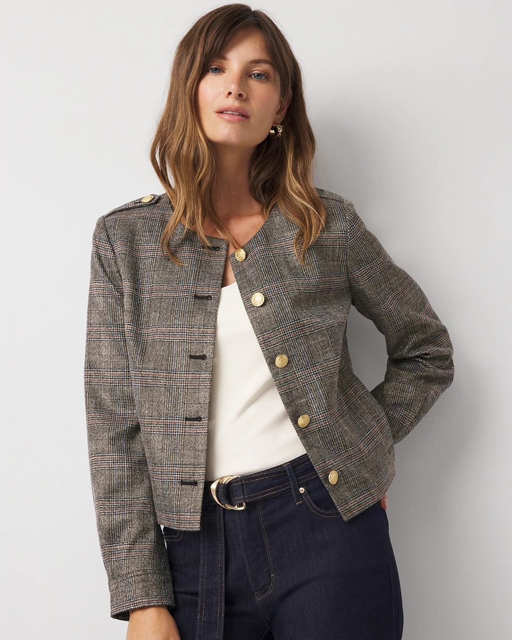 Metallic Plaid Cropped Jacket | White House Black Market